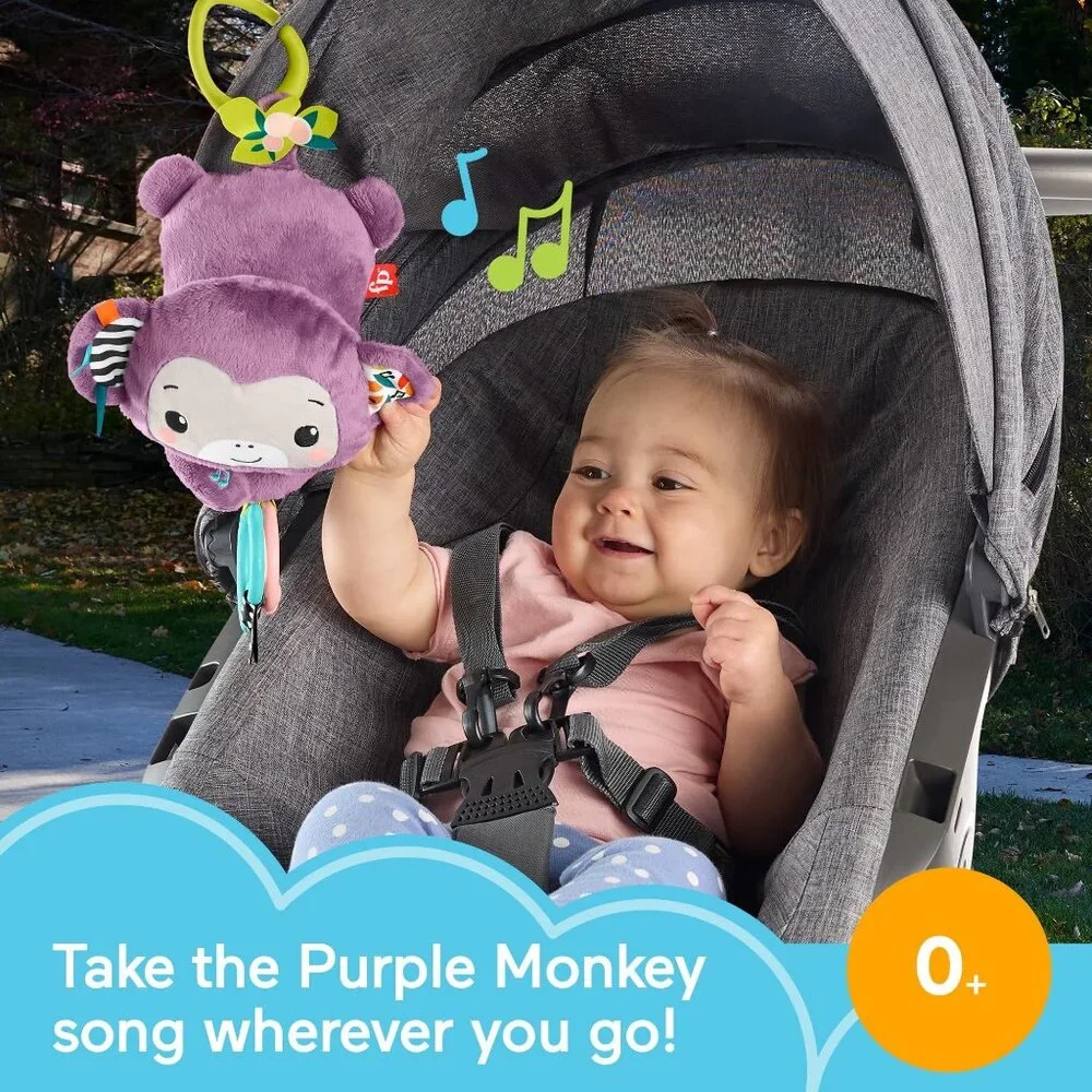 Fisher-Price Baby Stroller Toy Sing & Go Purple Monkey Musical Sensory Plush New